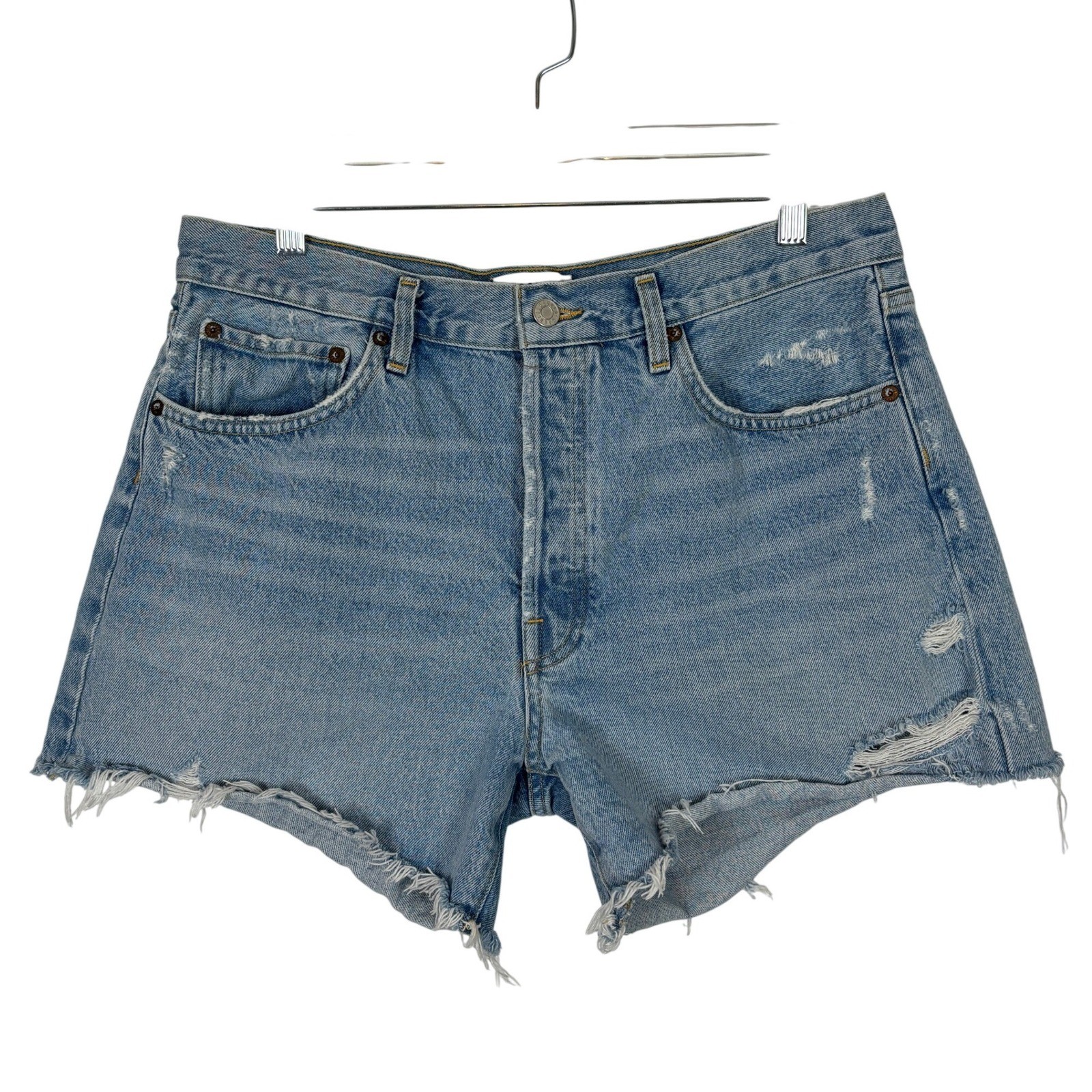 AGOLDE Parker Long Denim Shorts Women 31 Blue Distressed High Rise Cut Off