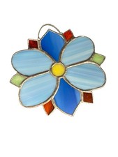 Stained Glass Geometric Floral Sun Catcher Handmade Blue Red Ornate with Chain