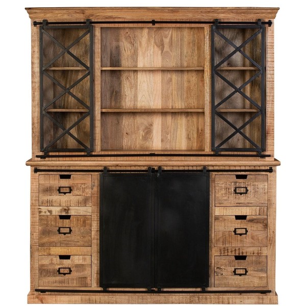 Schrank Selce 180Cm Massiv Mangoholz Eisen Vitrine Buffet Industrial SchiebetüRe-image