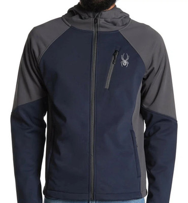 $149 Spyder Men's Full Zip Hooded Soft Shell Jacket Frontier Medium Blue/Gray