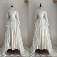 Vintage Wedding Dress Long Sleeves High Neck Lace Appliques Train Bridal Gowns
