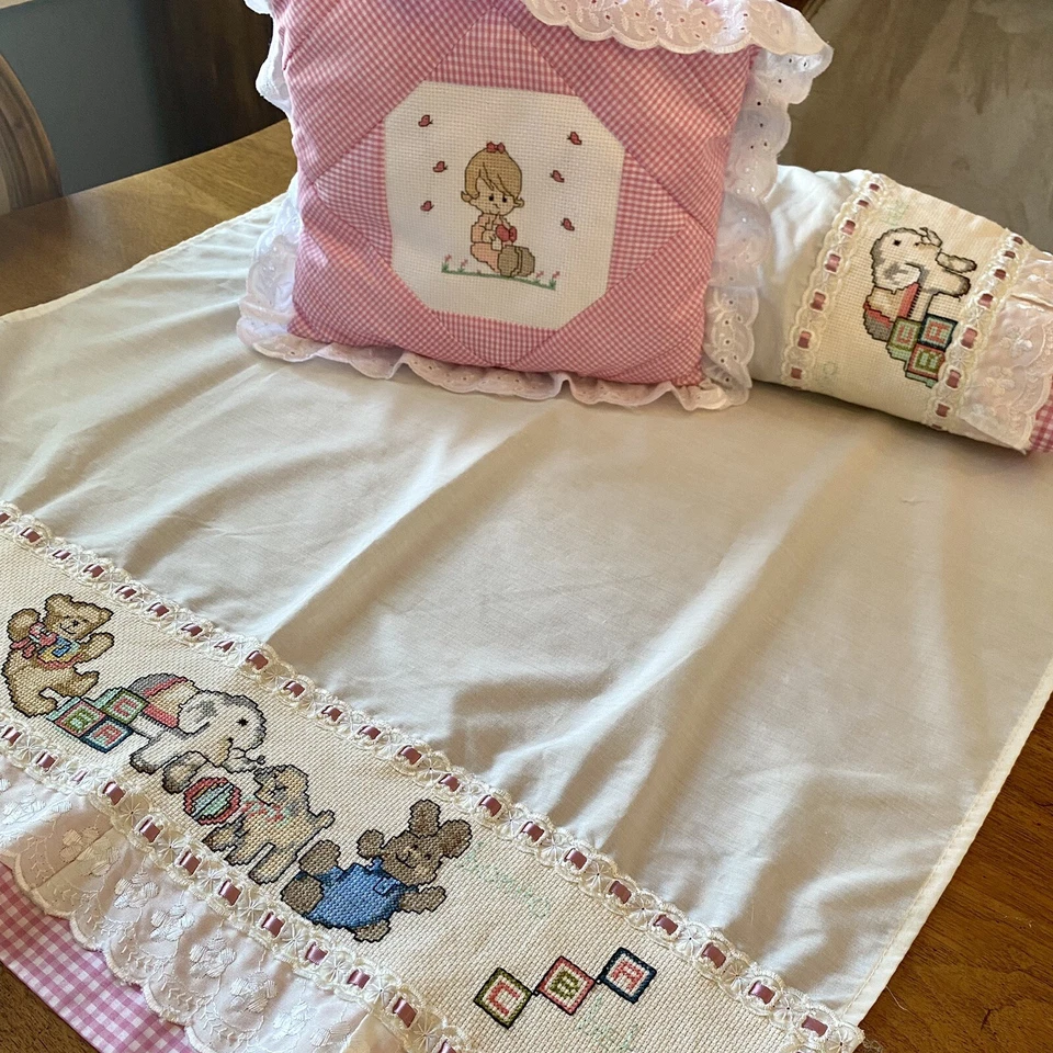 Handmade Cross Stitch Baby Crib Coverlet Pillow & Sham Pink Gingham “BONITO BEBE - Image 3 of 4