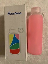 Bonison Durable Glass Water Bottle With Soft Colorful Silicone Sleeve, 14 Oz, Pink (6539788549523)