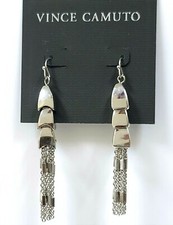 NEW VINCE CAMUTO SILVER TONE STACKING BLOCKS+CHAIN FRINGE DANGLING EARRINGS 