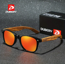 DUBERY Wood Polarized Square Sunglasses Men Women Wooden Temple Classic Glasses