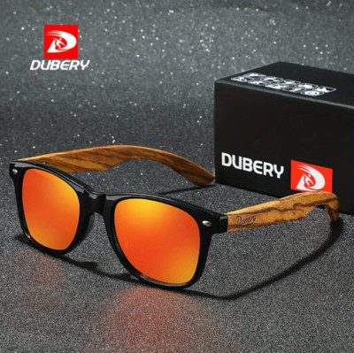 DUBERY Wood Polarized Square Sunglasses Men Women Wooden Temple Classic Glasses