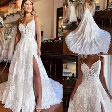 Lace Applique Wedding Dresses Off Shoulder with High Split Bridal Gowns Train