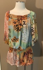 100 Silk Boho Luxe Print Blouse Top W Gathered Waist 3/4 Puff Sleeves