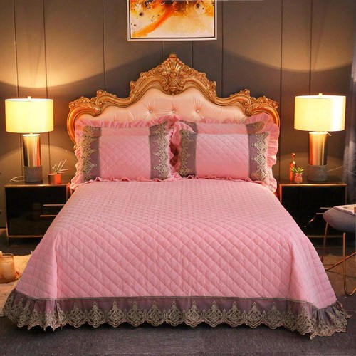 Luxury Velvet Quilted Thick Bedspread Chic Ruffled Bed Spread Pillowshams 3/5pcs - Bild 18 von 25