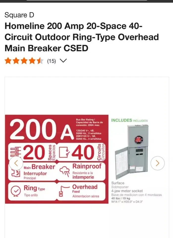 PRECIO DROPSquare D 200A Panel Todo en Uno, 20 espacios/40 circuitos. Servicio excesivo/bajo Foto 2 de 4