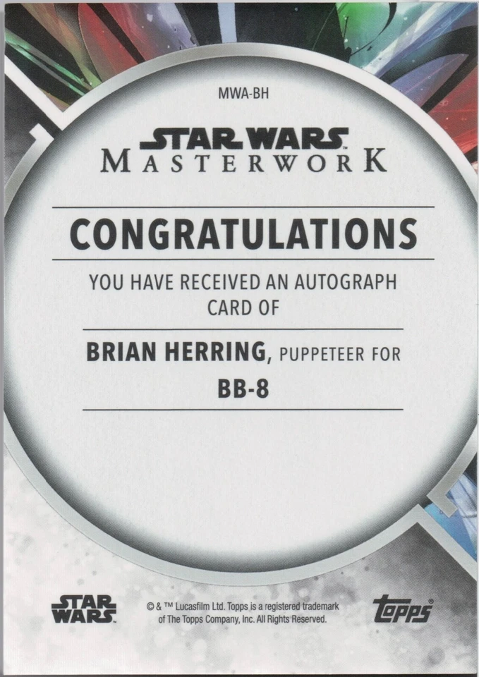 Star Wars Masterwork 2022, Brian Herring (BB-8) Autograph Card - Image 2 of 2