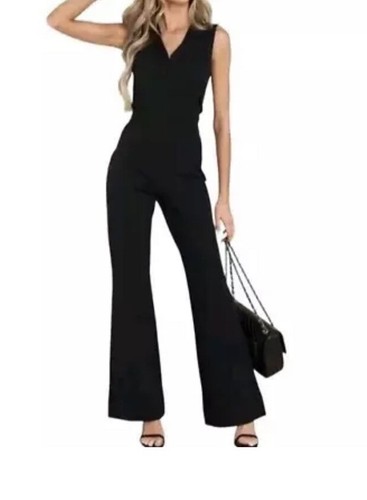 Spanx Perfect Sleeveless Jumpsuit Flared Leg V-Neck Black Stretch Sz Small Tall - Picture 2 of 8