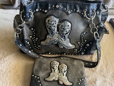 Women  s Western Shoulder Purse With Boot Accent/Bling, Matching Wallet