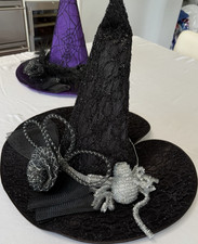 Black Silver Lace Spider Witch Hat, One Size Adult Unisex Halloween