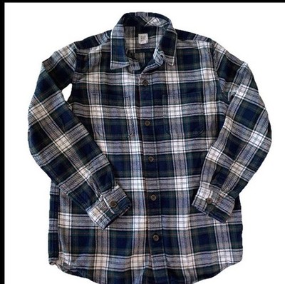 Gap Kids Size Large 10/11  Blue Green Plaid Flannel Shirt Button Up Outdoors