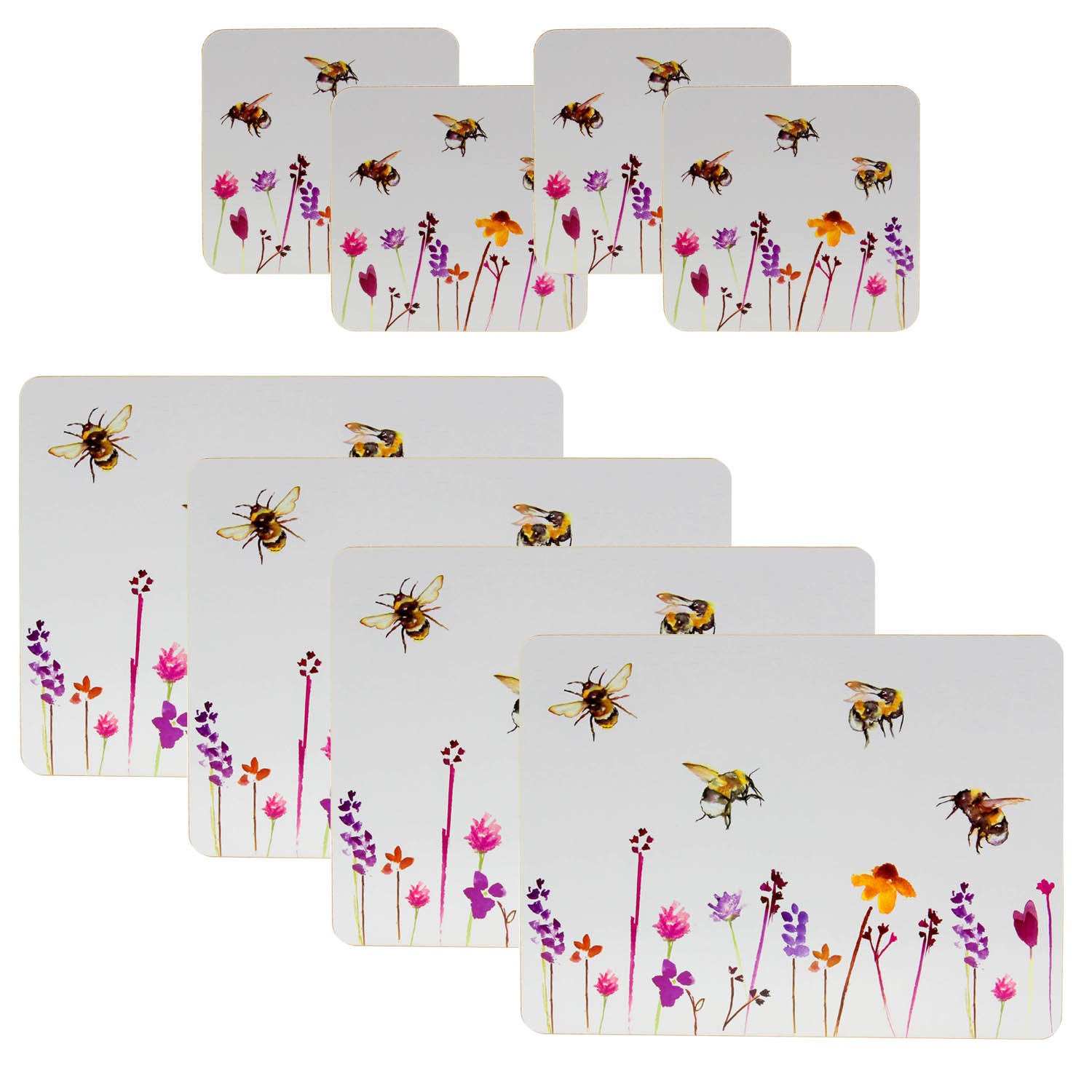 Set of 4 Bees & Flowers Coasters And 4 Placemats Table Dining Mat Floral Print
