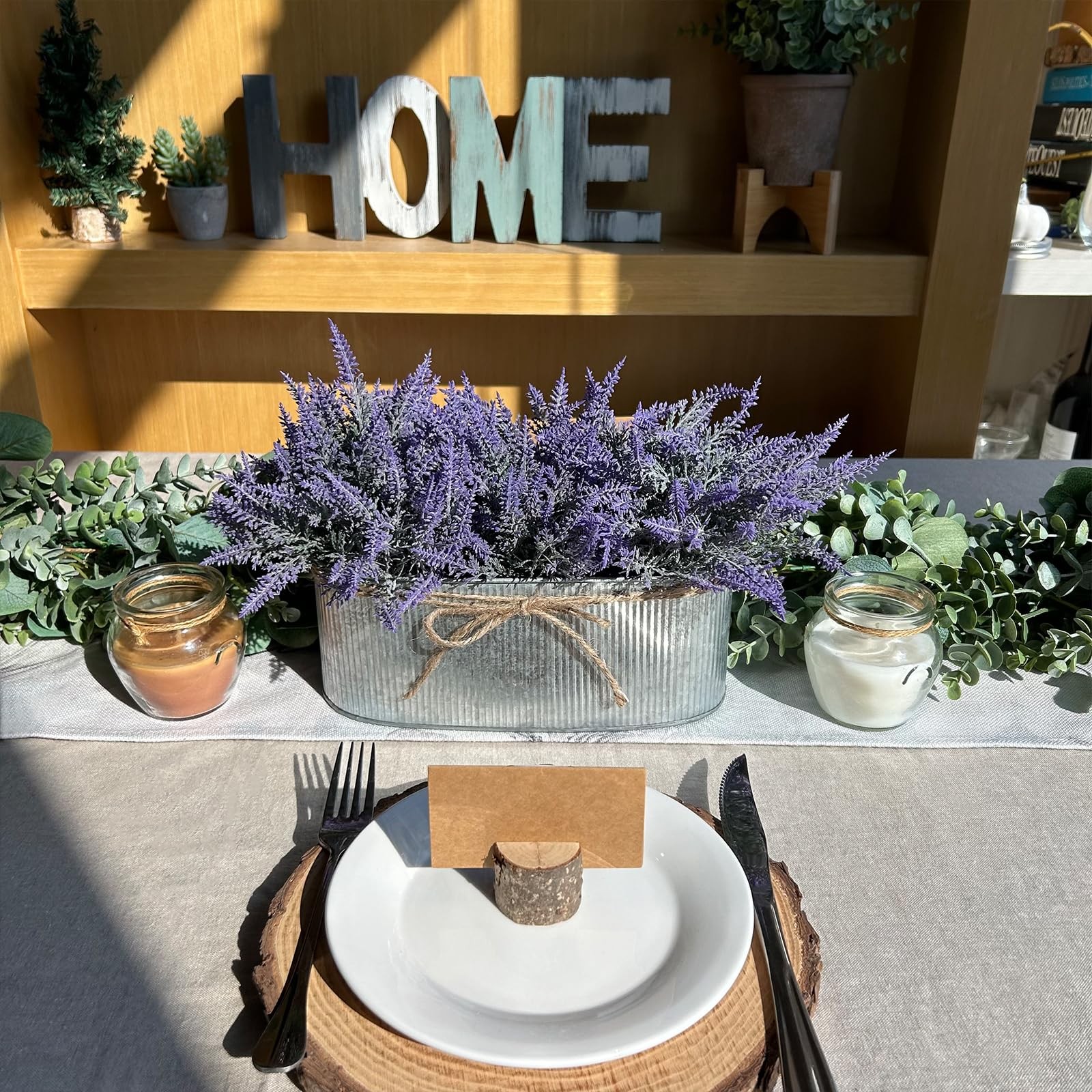 10 Inch Artificial Lavender Flower Arrangement in Rustic Oval Galvanized Meta...