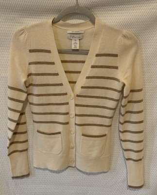 Nordstrom Signature 100% Cashmere Striped V-Neck Button Cardigan Pockets XXS