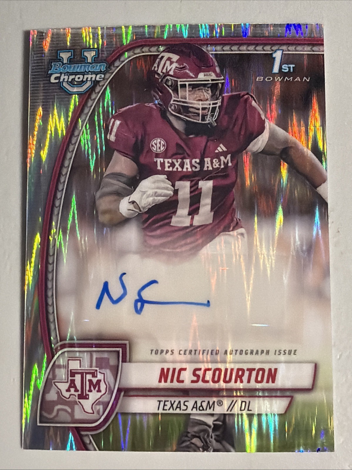 Nic Scourton 2024 Bowman University Chrome 1st Stealth Refractor Auto Texas A&M