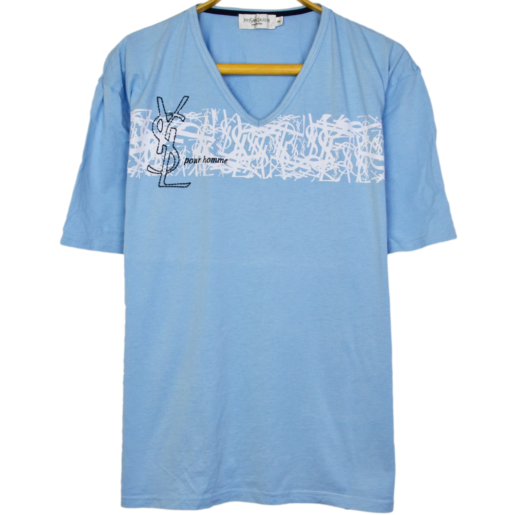 Vintage Mens YVES SAINT LAURENT T-Shirt V-Neck Blue Logo White