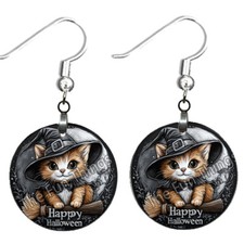 Orange Cat Witch Hat Halloween Earrings NO TARNISH Wood Dangle Happy Halloween