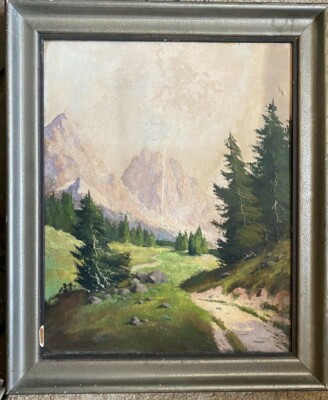 ::JOHANNES BOCHMANN *1922 ALPS FOREST PATH MOUNTAINS FIRS OIL PAINTING ANTIQUE FRAME 