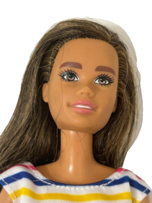 Barbie Fashion Doll Long Highlight Brown Hair Redressed Striped Dress