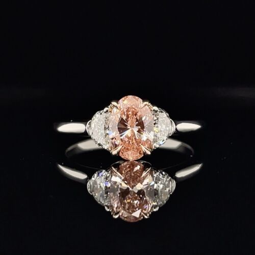 Fancy Vivid Oval Pink Diamond Lab Grown Ring W 2 Half Moons In Platinum - Picture 6 of 7