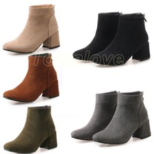 Plus Size 34-54 Womens Comfort Block Mid Heel Ankle Boots Zip Suede Shoes Boot