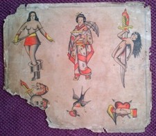 SENSATIONAL RARE ORIGINAL 1920-30s CLASSIC BOWERY TATTOO FLASH SHEET