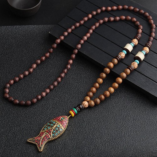 Women Vintage Long Sweater Chain Retro Wooden Beads Pendant Necklace Jewelry - Picture 9 of 10