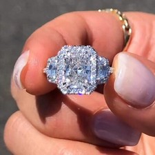 2.65Ctw Radiant Cut Moissanite Three Stone Engagement Ring 14k White Gold Plated
