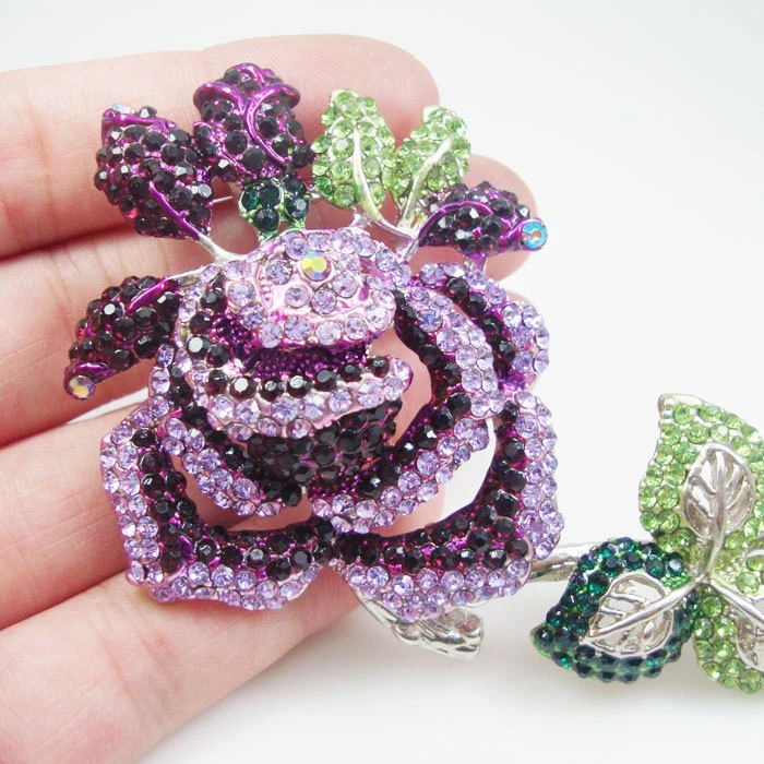 Nuevo Hermoso Broche Pin Diamantes de Imitación Cristal 5.3" Flor Rosa Púrpura Tono Dorado Foto 2 de 4