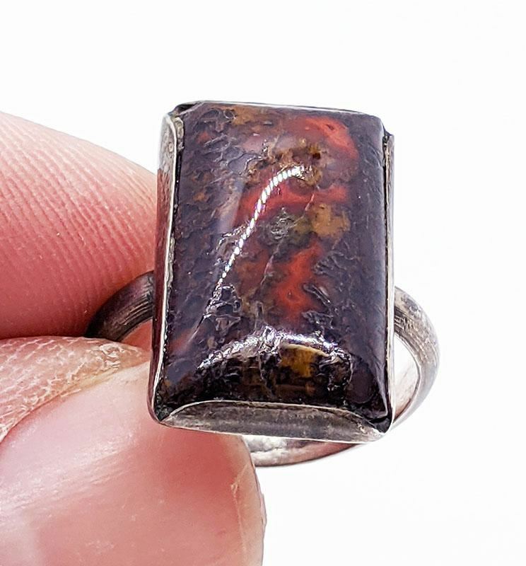 Silver Tone Rectangular Marbled Stone Ring - Reds… - image 1