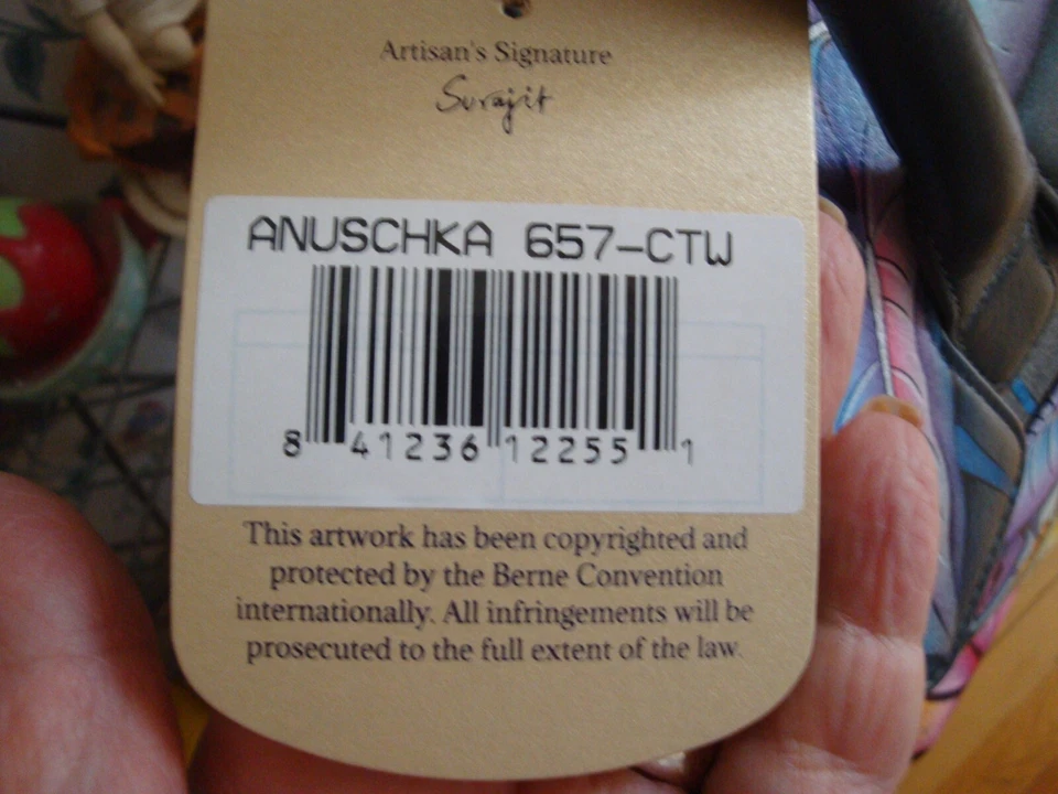 NUEVO CON ETIQUETAS BOLSO ANUSCHKA PINTADO A MANO COLORIDO TEMA GATO CUERO ASA SUPERIOR + ESTUCHE CON CREMALLERA Foto 3 de 4