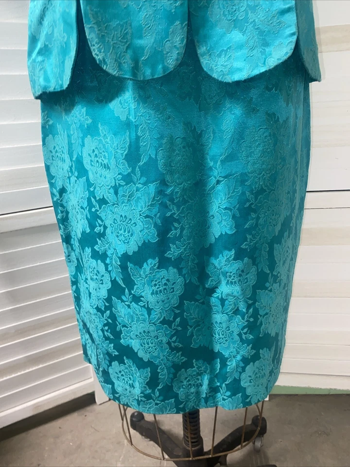 De colección Años 80 Melissa Verde Jade Floral Tapiz Jacquard Falda Chaqueta Traje Talla 10 Foto 3 de 4