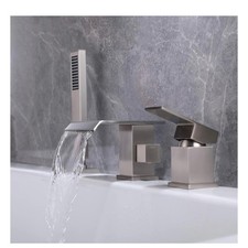 Modern Roman Tub Faucet w/Hand Shower Waterfall Deck Mount 3-Hole Brushed Nickel