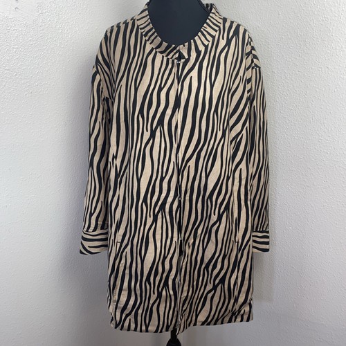 Maggie Barnes Blazer Top Women's 4X Brown & Black Animal Print Linen Blend