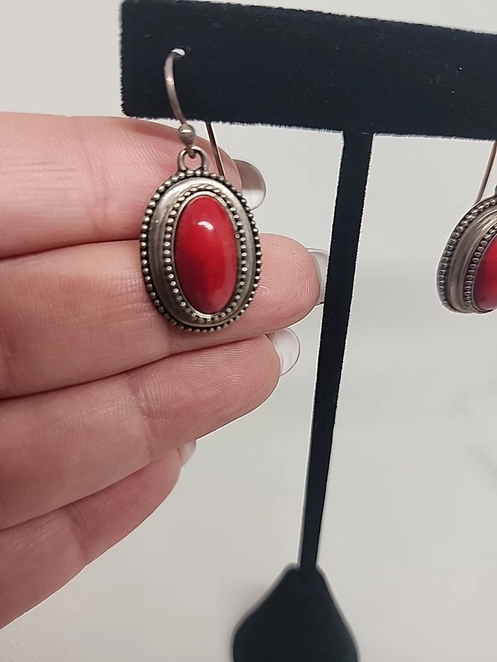 Barse Sterling Silver Red Coral Dangle  Earrings .925 Southwestern  - Image 2 of 4