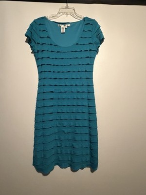 Studio M Blue Solid Knit Ruffle Scoop Neck Sheath Knee Dress Size L. F6050