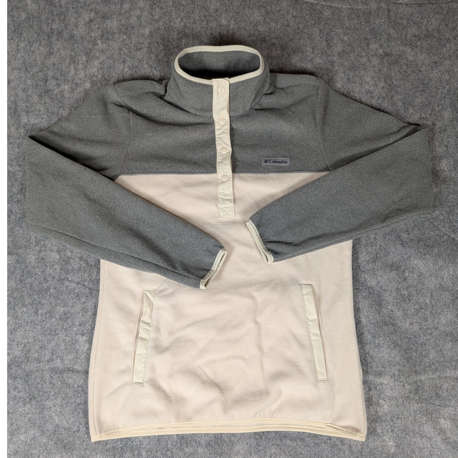 Columbia Women Fleece Pullover Snap Neck Colorblock Gray Cream Pockets Size S thumbnail 2
