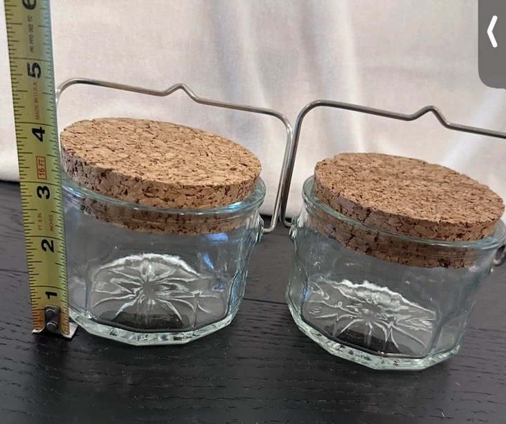Vintage Glass Jar w/ Cork Lid & Wire Handle, 6.5” Tall, Starburst Base