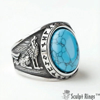 Bague Sculpt Rings™ Viking Wolf - pierre précieuse turquoise, acier inoxydable - Photo 1/4