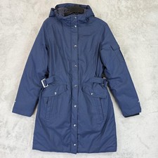 Eddie Bauer Down Parka Coat Womens Medium Blue Hooded Quilted Belted Warm Winter