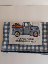 Fall Blue Gingham Table Runner w/ Pickup Truck Pumpkin 68" x 14