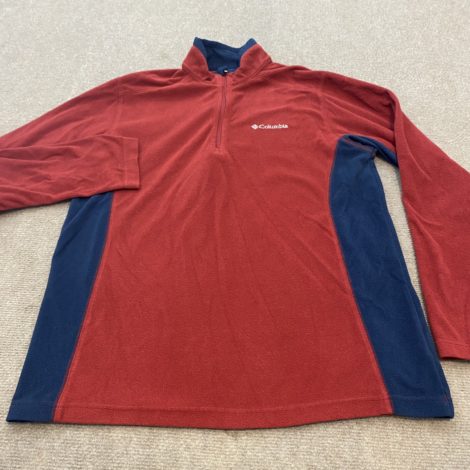 Columbia Sweater Mens Small Red Blue Fleece Pullover 1/4 Zip Outdoor Hiking Logo