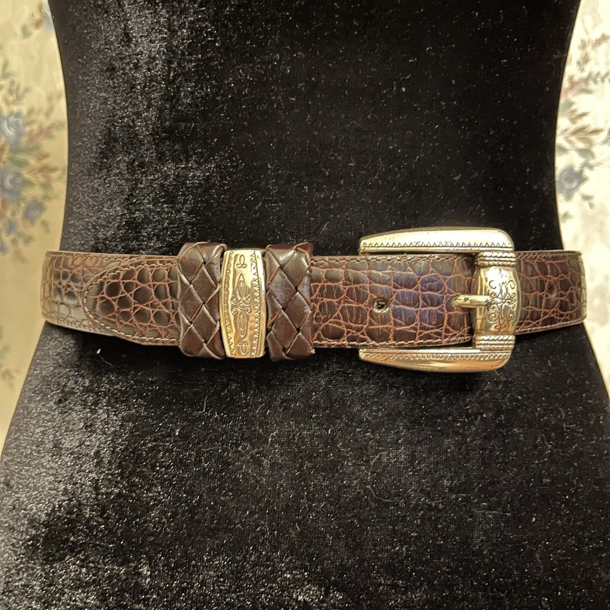 Brighton Classic Vintage Brown Leather Belt with Silver Buckle Sz M Vintage Brighton Brown Braided Leather Belt w Ornate Silver  main image 2