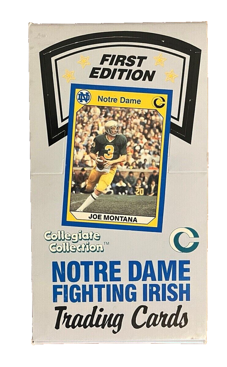 first edition notre dame trading cards Hunchback of vintage '90s card pack with a yellow border against a blue background 1990 Notre Dame Fighting Irish