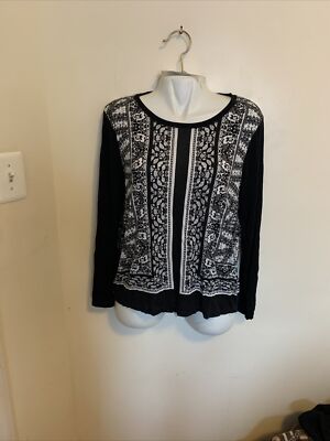 Via Milano! Women s Black/White Floral Print Hi-Lo Blouse Long Sleeves Size L