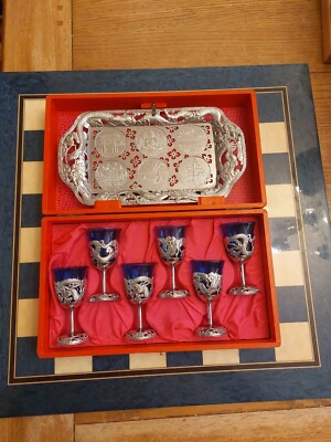 Morgantown Blue Dragon Cordial Saki Set 6 Gläser & Silber Chrom Tablett im Etui *